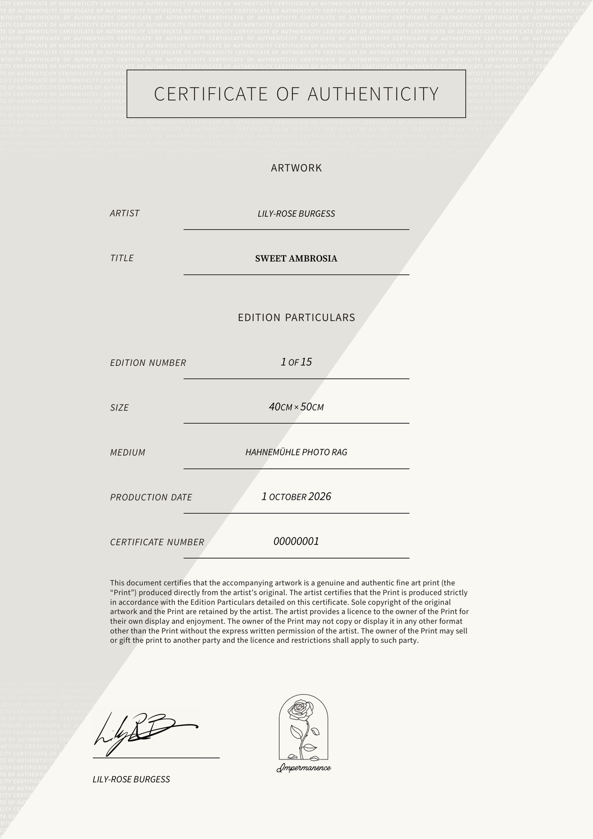 Sweet Ambrosia — Certificate of Authenticity