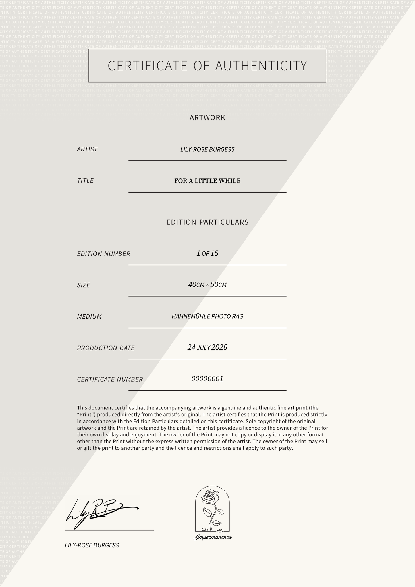 For a Little While — Certificate of Authenticity